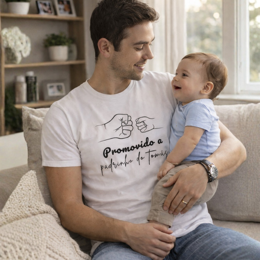 T-Shirt "Promovido a Padrinho" (com nomes)